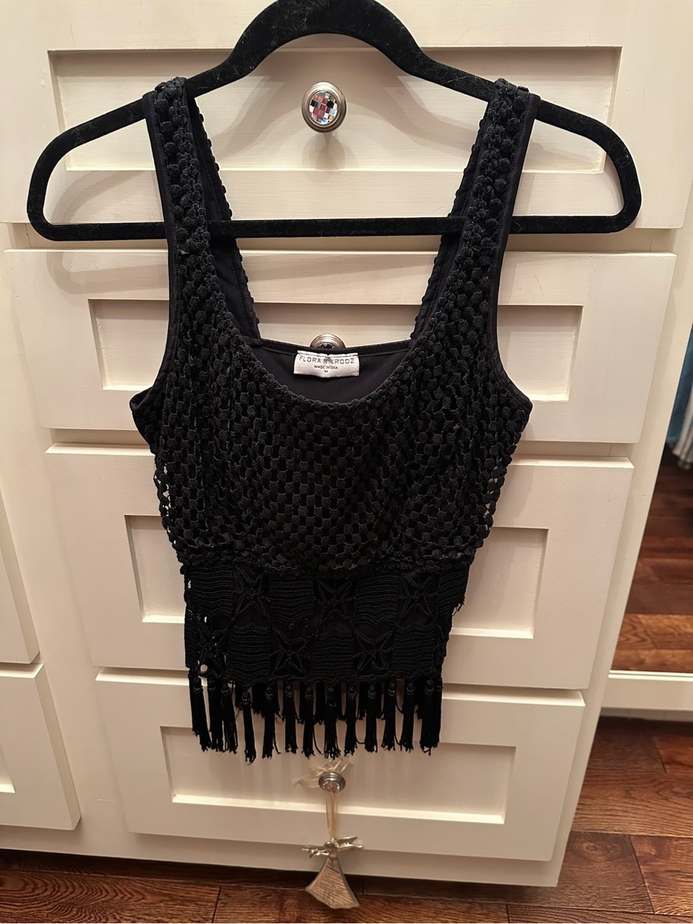 Vintage Flora Nikrooz Black Crochet Fringe Tank Top Size M Made in USA